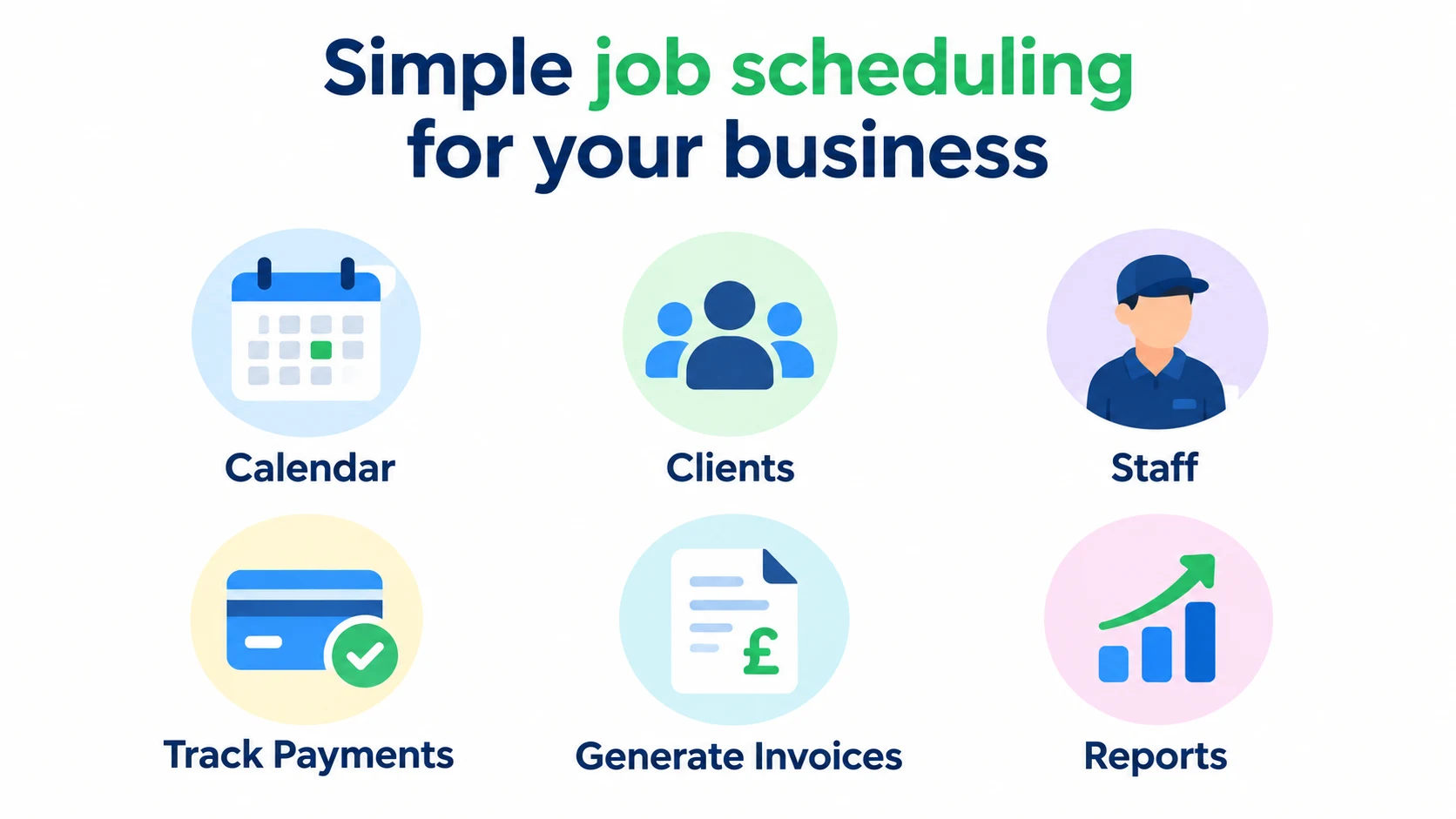 SchedulPro features: simple job scheduling, calendar, clients, staff, track payments, generate invoices and reports